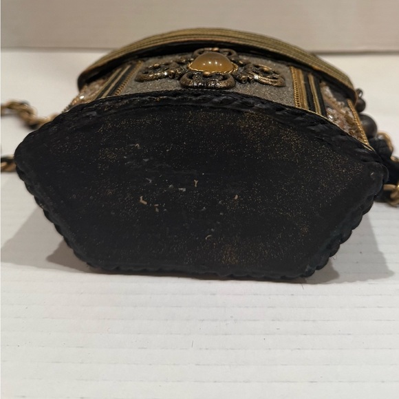 Vintage Mary Frances Handcrafted Box Minaudiere Black Gold Beaded Chain Tassel - Picture 6 of 16